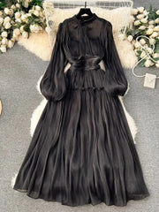BXOXO French Luxury Folds Wedding Formal Occasion Dress Women Stand Puff Sleeve Chic Pleated Dress Female Shine Robe Clothes Holiday