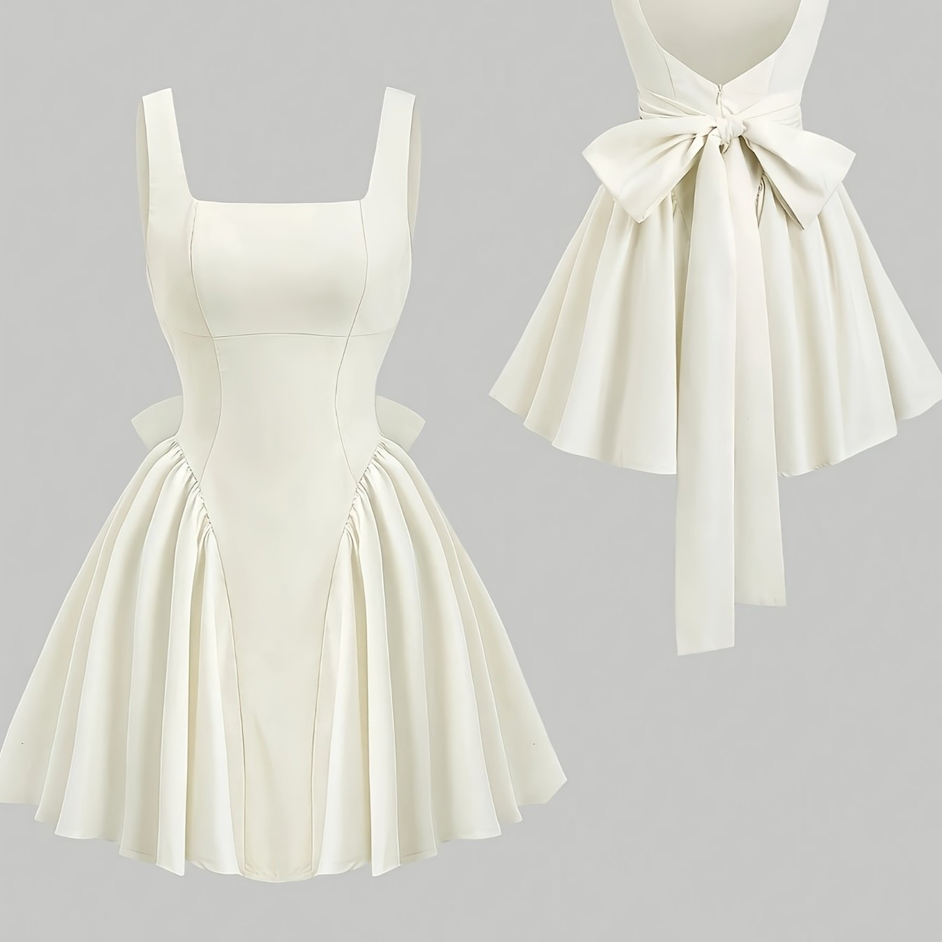 BXOXO Elegant Sleeveless Square Neck Dress with Bow Detail, Solid Color Polyester, Summer Wear, Butterfly Knot Decor