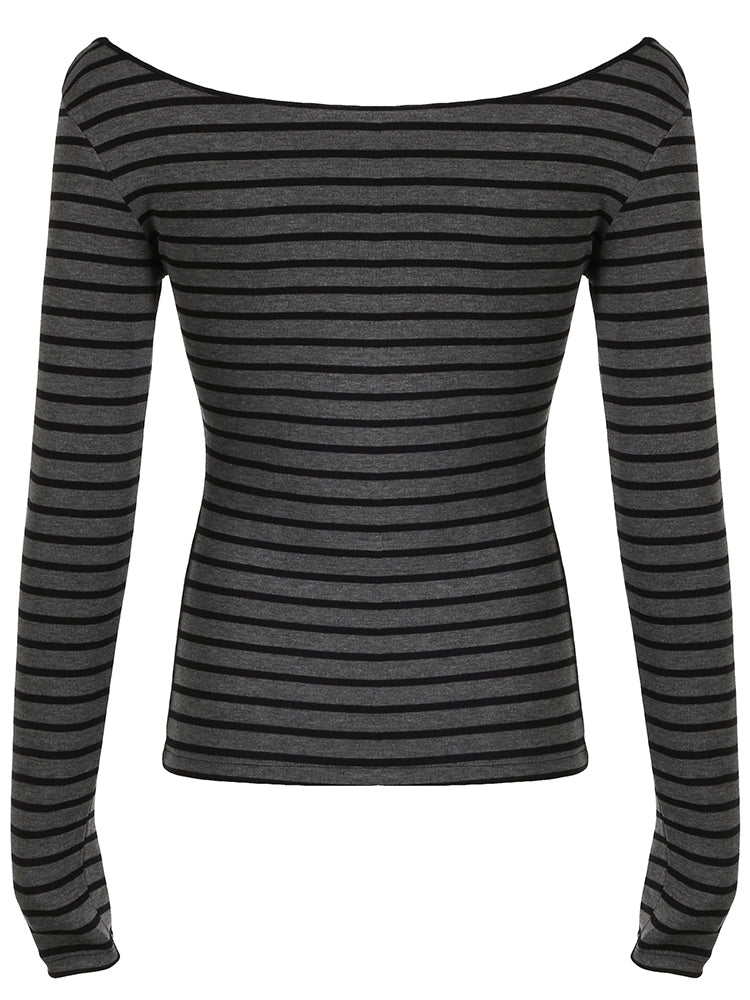 BXOXO - summer inspo Sweetown Japanese Basic Slim Long Sleeve Stripe Tee Off Shoulder O Neck Korean Street Style Spring Autumn Y2K Gray T Shirt Women