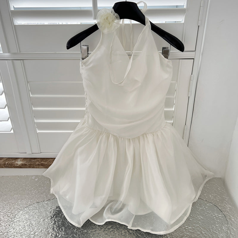 BXOXO - summer inspo French Solid Colour Swinging Collar Slim Dress Women Summer New Sexy Backless Seaside Vacation A-line Fluffy Skirt