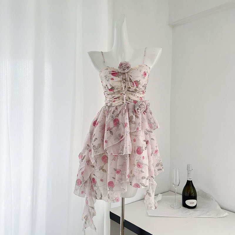 BXOXO - summer inspo Spicy Girl Sweet Lace-up Suspender Dress Floral Print Flounce Slim Sleeveless Dresses Summer New Party Beach Style Dress