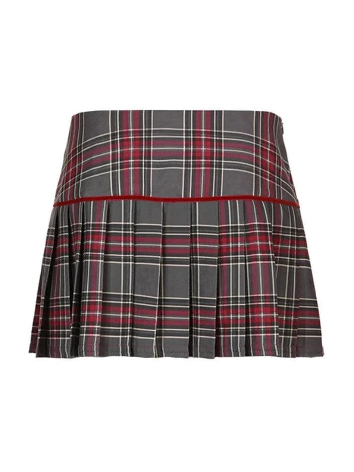Vintage Plaid Print Bow Decor Pleated Low Rise Mini Skirt
