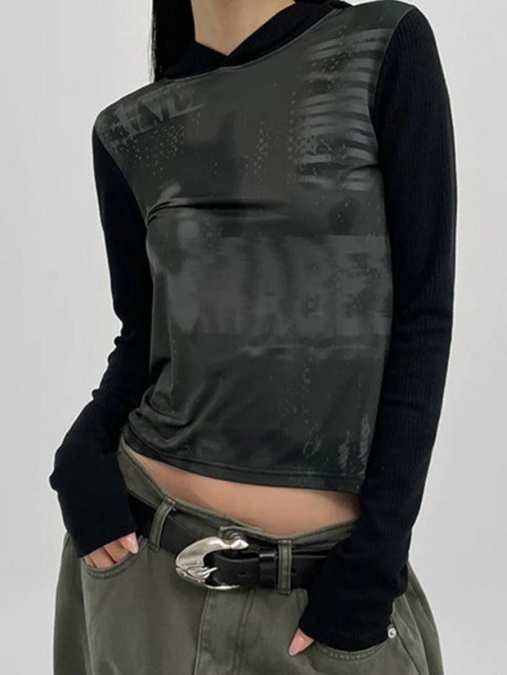 Tie Dye Print Splice Hooded Long Sleeve Tee