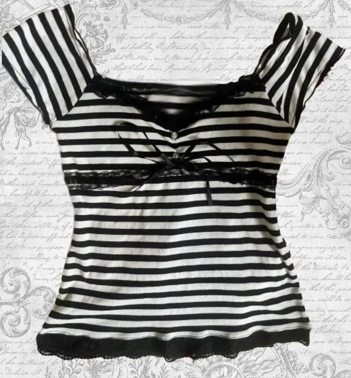 BXOXO Y2k Tops Sweet Girl T shirts Punk Slim Bow Aesthetic Stripe Tees Shirt Harajuku Vintage Gothic Emo T Shirt Lace Women Crop Top