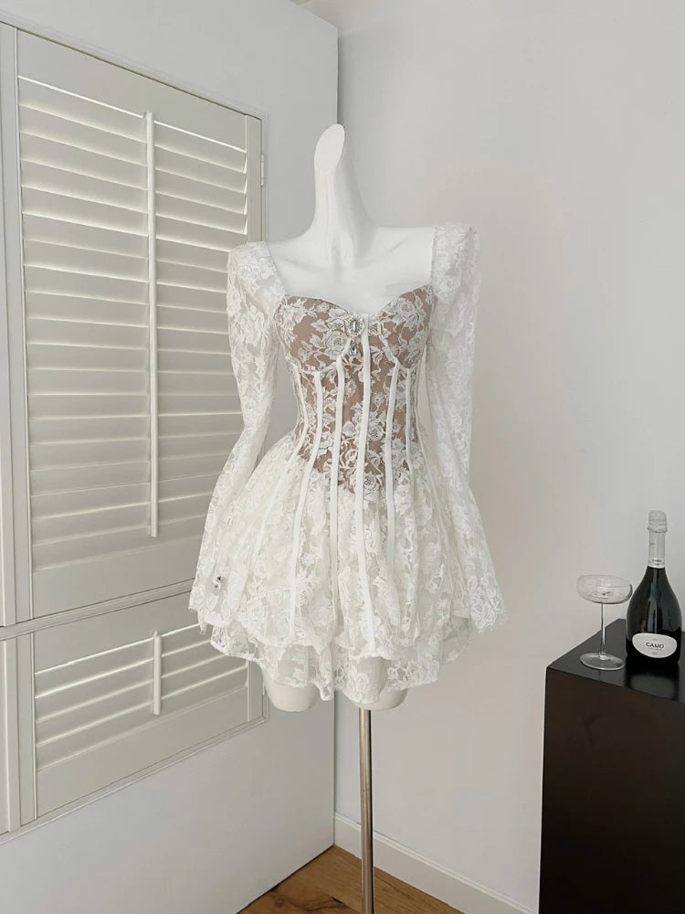 BXOXO France Elegant Fashion High End Evening Dress Women Embroidery Lace Fishbone Mini Party Dress Female Casual Chic Sexy Clothing