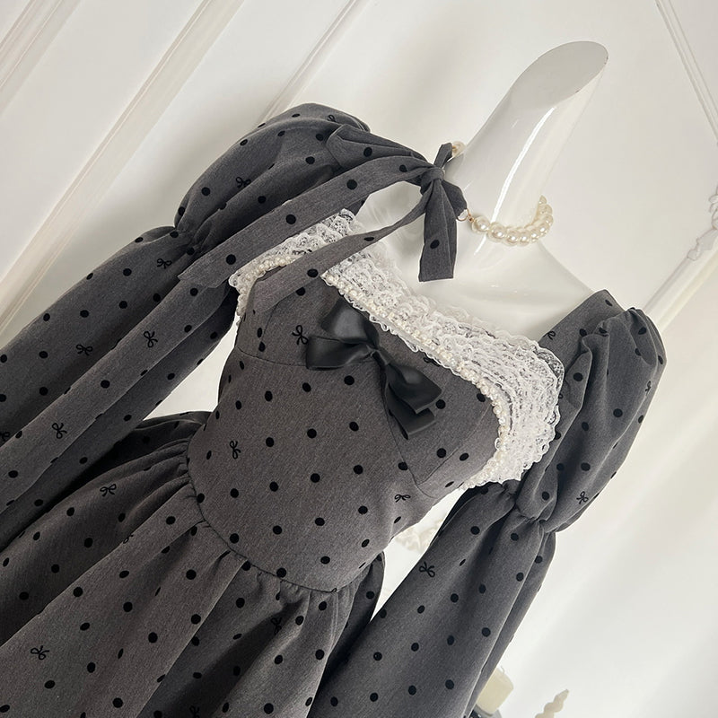 BXOXO - summer inspo Grey Polka Dot Dress Korean Style Retro High Waist Mini Dresses Women Fashion Lace Splicing Long Sleeve Dress