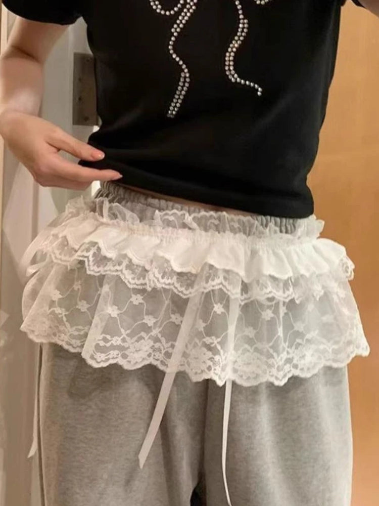 BXOXO Korean Style Lace Mini Skirts Women Y2k Elegant Sweet Lolita Short Skirts Cute Streetwear Black Ruffle Skirt High Waist