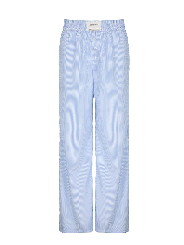 BXOXO - summer inspo Sweetown Blue Stripe Casual Loose Baggy Trousers For Women Button Details Elastic High Waist Boho Fashion Straight Leg Pants