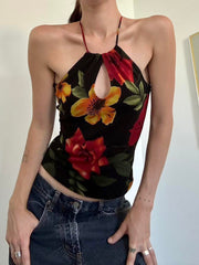 BXOXO - summer inspo Vintage Aesthetic Big Floral Print Slim Backless Tie Halter Top Women Summer Vacation Tank Vest