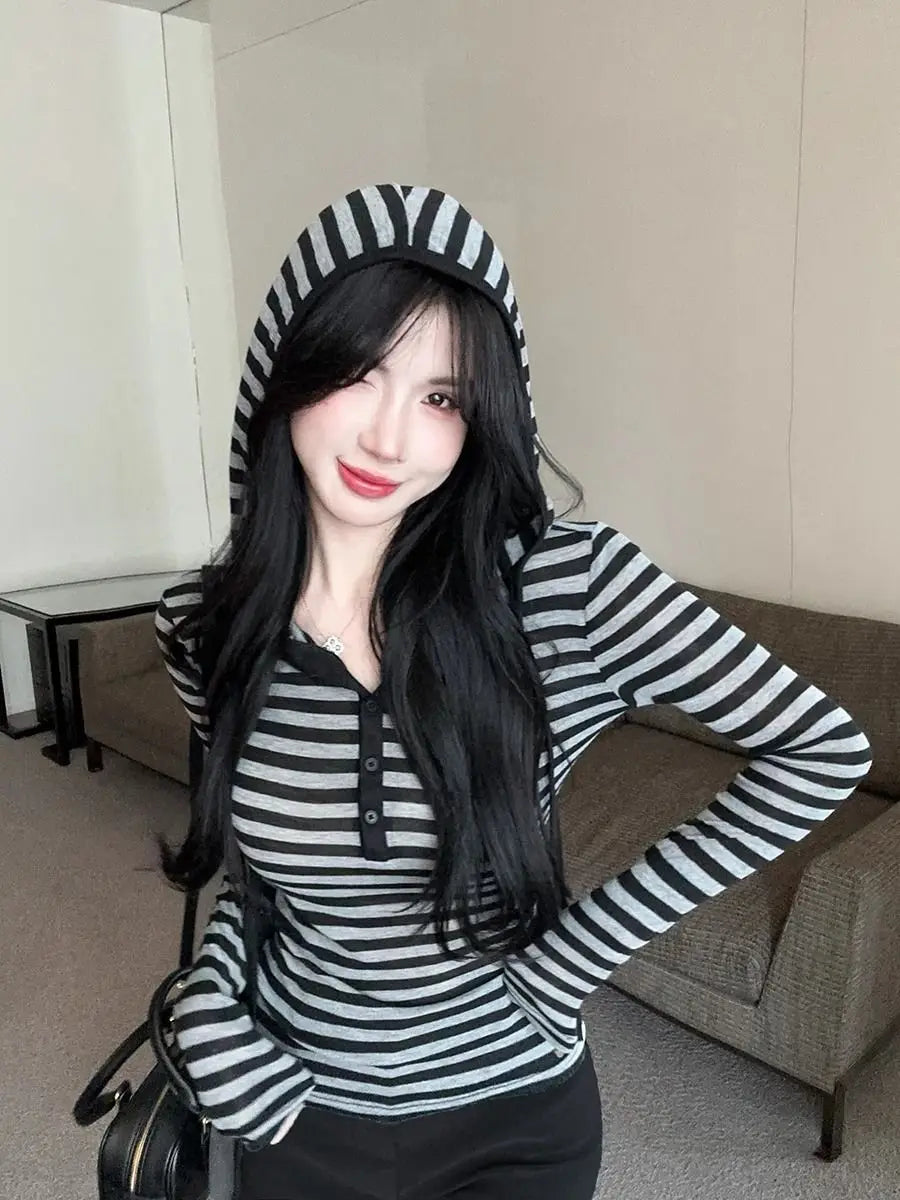 BXOXO Y2K Gothic Hoodie 90s Korea kpop Pullovers Tops Slim Stripe Long Sleeves Casual Tee shirts Hot Girl Sexy Sweatshirt Sweet Hooded