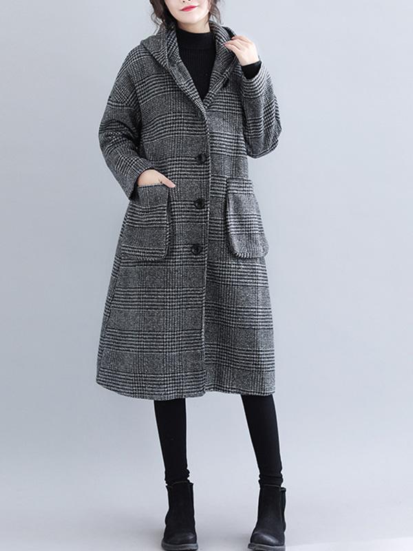 BXOXO Loose Plaid Woolen Hood Coat