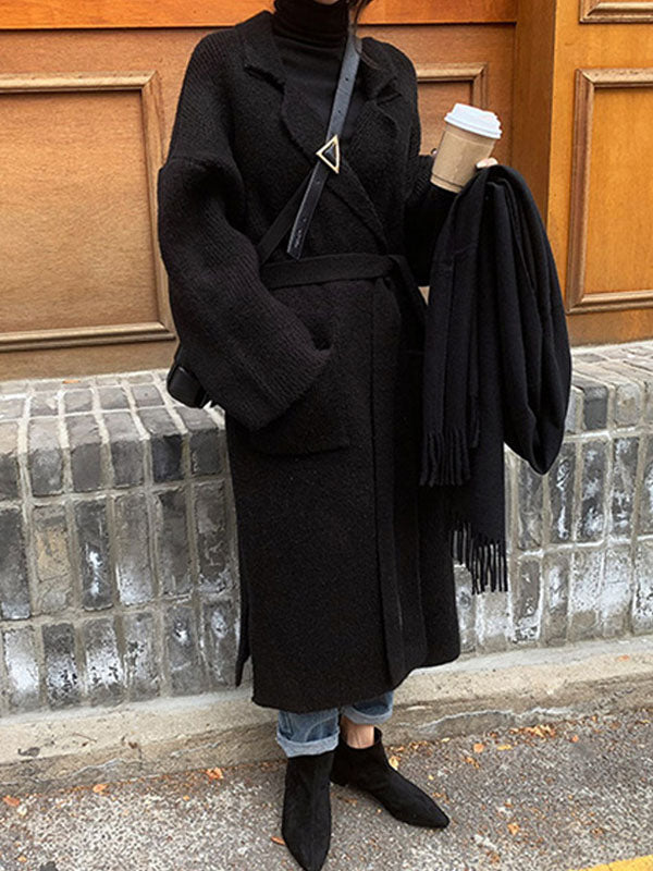 BXOXO Long Sleeves Loose Pockets Solid Color Tied Waist Notched Collar Cardigan Coats