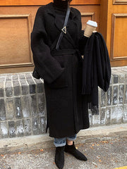 BXOXO Long Sleeves Loose Pockets Solid Color Tied Waist Notched Collar Cardigan Coats