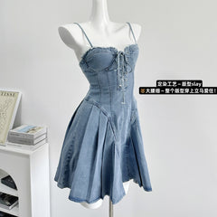 BXOXO - summer inspo Vintage Hot Girls Sexy Bandage Denim Slip Dress Women's Summer Slim High Waist Short Mini Dress