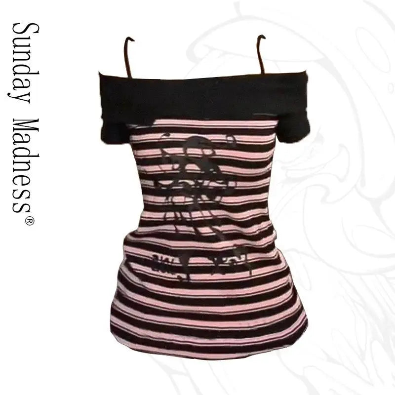 BXOXO Y2k Punk Sexy Women Clothing Gothic Stripe Streetwear Pink One shoulder Kawaii Skulls Aesthetic T Shirts 2000s Grunge Crop Top