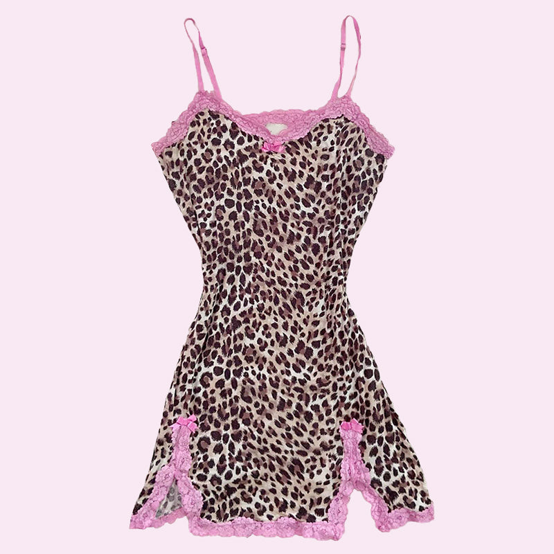Bxoxo Y2k women dress chic lace leopard print retro fashion casual street punk hip hop emo girls Harajuku sweet V-neck suspender dress