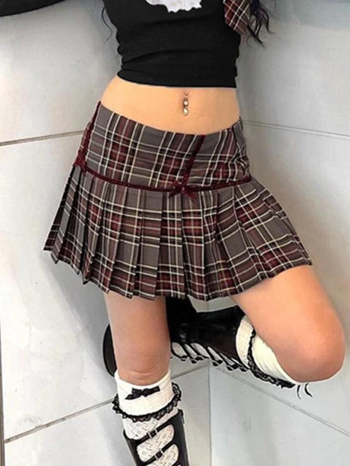 Vintage Plaid Print Bow Decor Pleated Low Rise Mini Skirt