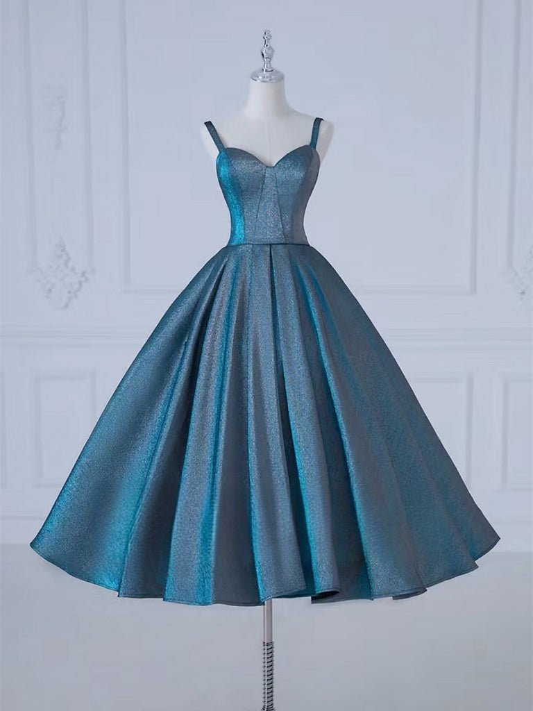 BXOXO A-Line Sweetheart Neck Satin Tea Length Blue Prom Dress, Blue Formal Dress