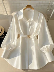 BXOXO Autumn New Fashion Blouses Women Clothing French Luxury Mature Style Shirt Long Sleeve Waist Slim Belt White Shirt Women Tops