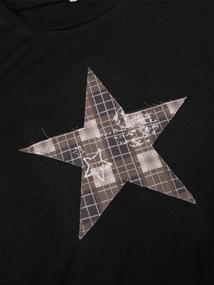 Vintage Plaid Star Patch Crew Neck Long Sleeve Knit