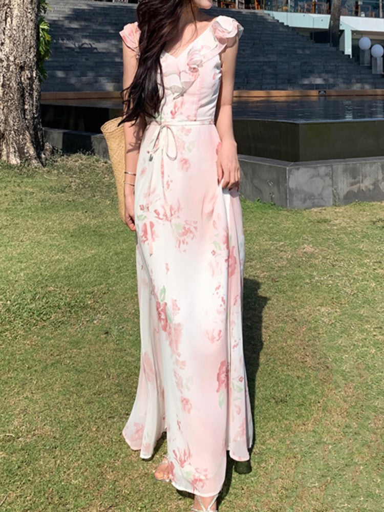 BXOXO party look inspos New Summer Women Elegant Floral Casual Dress Sleeveless A-Line Beach Holiday Clothes with Belted Female Vestidos Long Robe