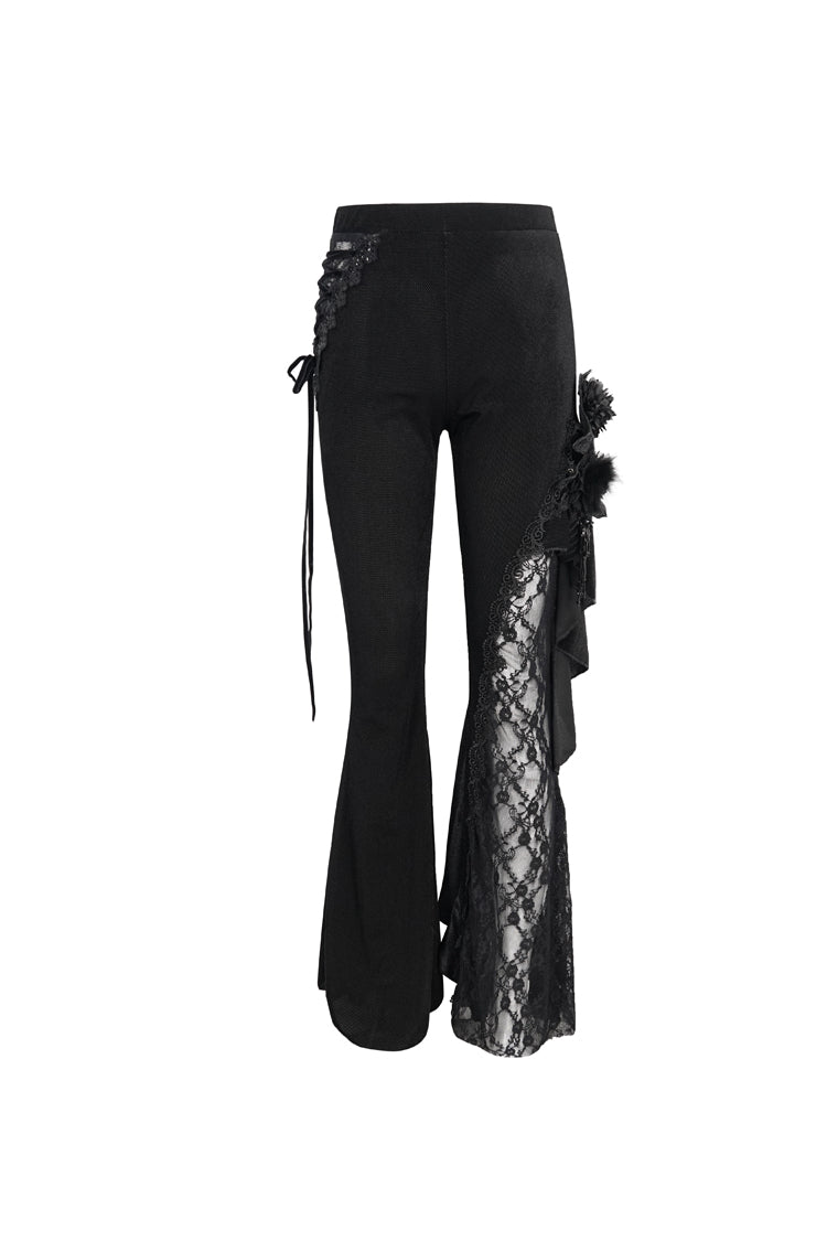 BXOXO Black Velvet Single Side Stitching Rose Net Side Rope Decoration Asymmetric Pattern Flare Women's Gothic Pants