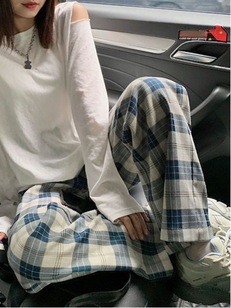 BXOXO Harajuku Plaid Pants Women Casual Wide Vintage Korean Style White Checked Trouser Thin Home Pants Chic Female Streetwear