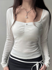 BXOXO - summer inspo Korean Fashion Shirring Bow Square Collar Slim Long Sleeve Black T Shirt Women White Solid Basic Cute Japanese Top Tee