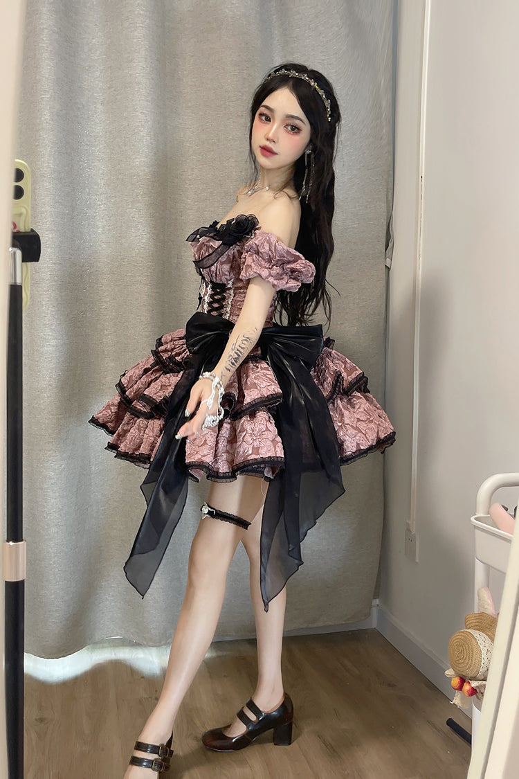 BXOXO Pink Medea Kiss Short Sleeves Gothic Lolita Op Tiered Dress