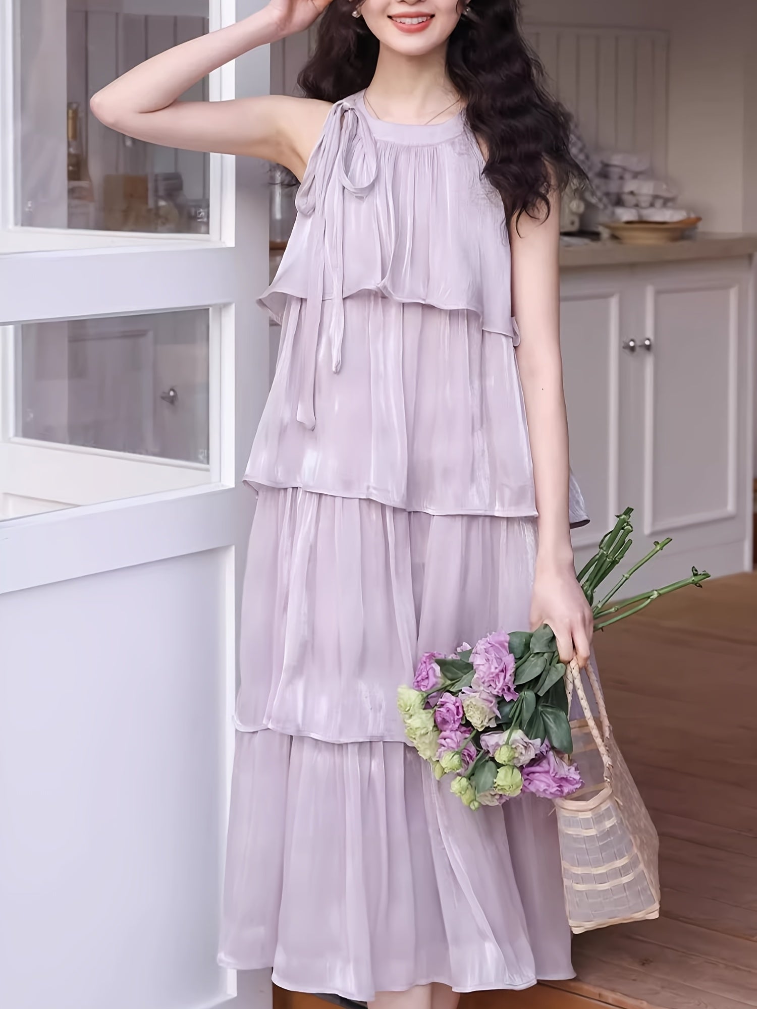 BXOXO 1pc Elegant French Halter Neck Off-Shoulder Cake Suspender Skirt Dress for Women - Summer New Casual Seaside Vacation Dress, Polyester, Round Neck, Sleeveless, Layered Cake Design, Mid-Length, Loose Fit, A-Line, Lightwe