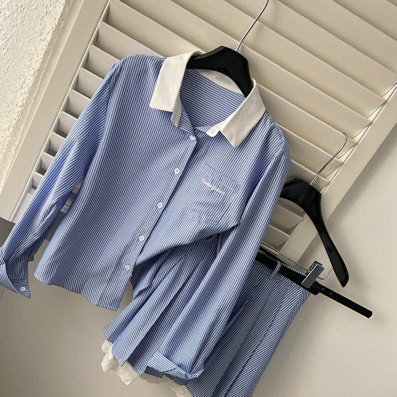 BXOXO - summer inspo Korean Style Fashion Women Two Piece Sets Turn-down Collar Long Sleeve Striped Shirt + Sweet A-Line Skirt Temperament Set