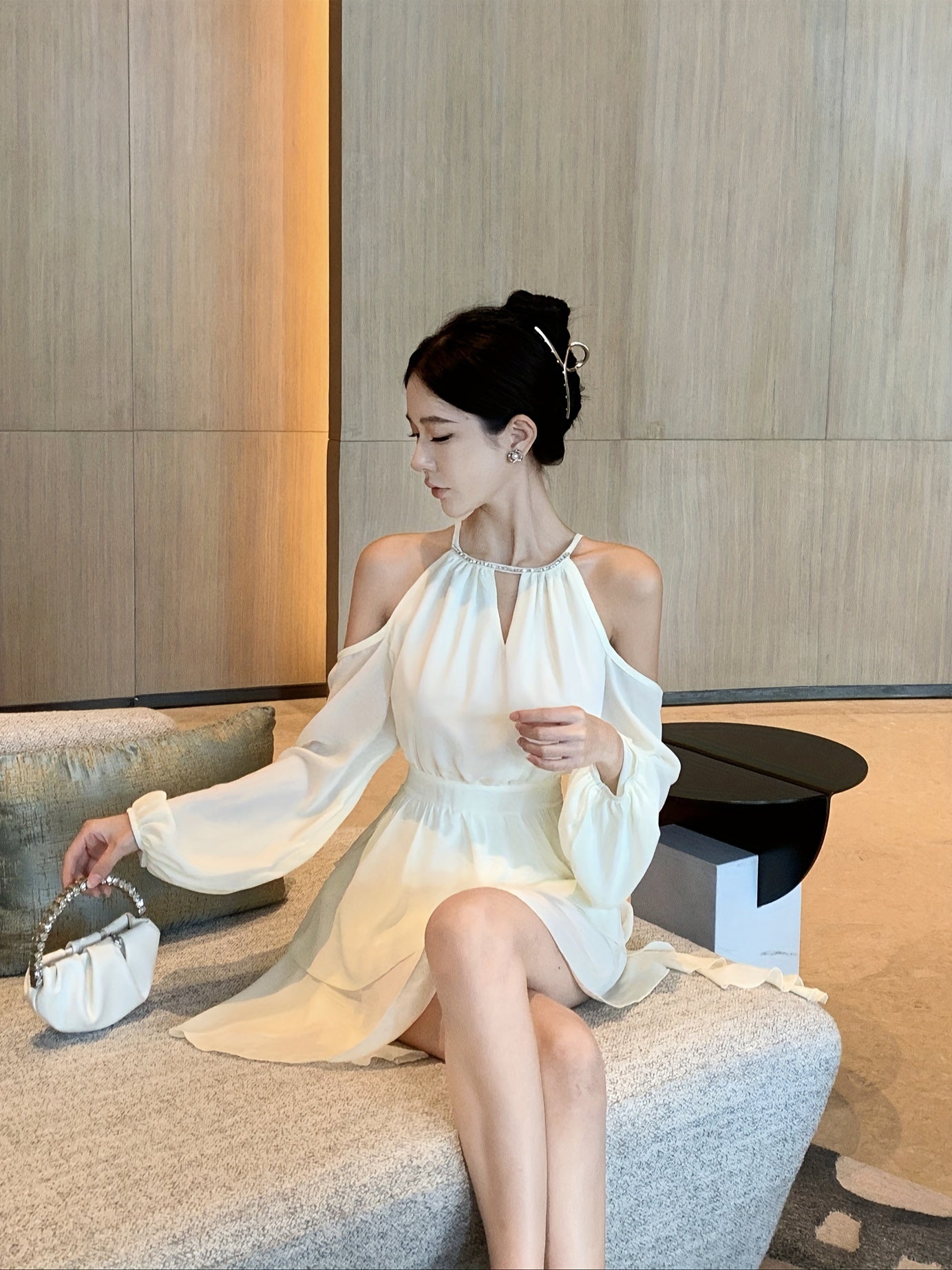 BXOXO [Elegant Off-Shoulder Dress] Elegant Off-Shoulder Ruffle Dress - Semi-Sheer, High Waist, Pleated Skirt, Polyester - Spring/Fall Fashion, Princess Sleeve