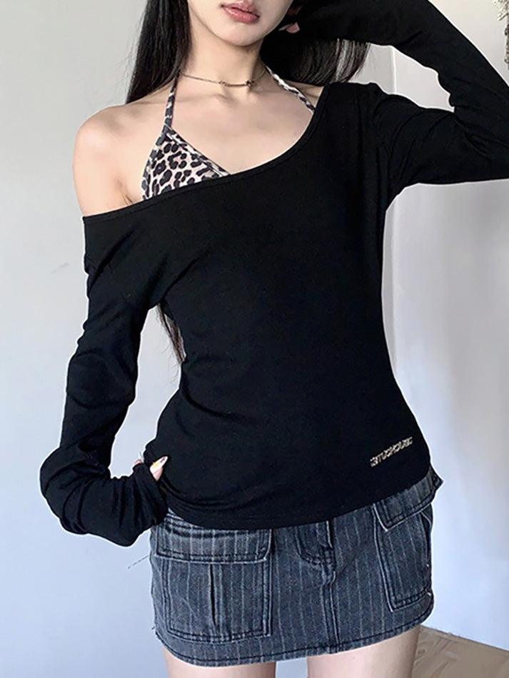 BXOXO - Leopard Print One Shoulder Long Sleeve Tee