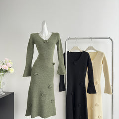 BXOXO - summer inspo Autumn and Winter Knitted Long Dress Women Fashion Retro Three-dimensional Flower V-neck Knitted Fishtail Dress Casual Versatile