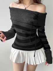 BXOXO - summer inspo Off Shoulder Slim Knitted Stripe Jumper Women Lace-Up Slash Neck Long Sleeve Sweater Tee Korean Fashion Street Knittwear
