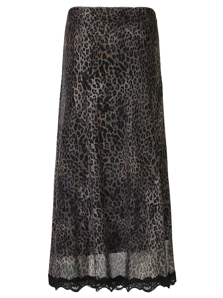 BXOXO - summer inspo Retro Brown Leopard Y2K Long Skirts Women Lace Trim Hem Two Layers Mesh Vintage Aesthetic Elegant Fashion Women Clothing
