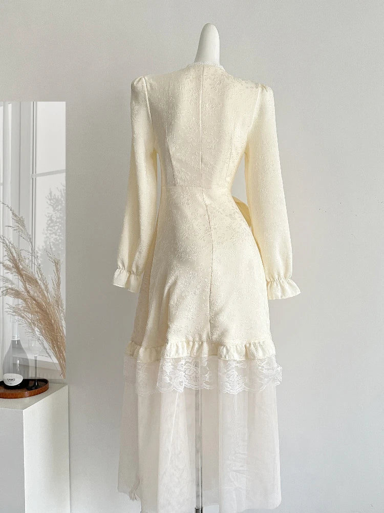 BXOXO Spring French Retro Elegant Princess Dress Women Lace Straps Mesh Embroidery Spliced Long Dress Mori Girl Style Design Vestidos