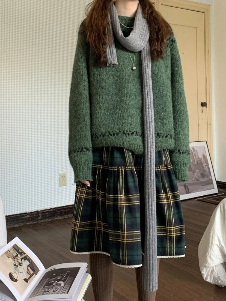 BXOXO Vintage Plaid Skirt Women Y2k Harajuku Japanese Preppy Style Long Checked Streetwear Retro Ruffle Skirts Aesthetics