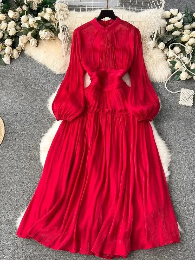 BXOXO French Luxury Folds Wedding Formal Occasion Dress Women Stand Puff Sleeve Chic Pleated Dress Female Shine Robe Clothes Holiday