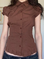 BXOXO - summer inspo American Retro Preppy Brown Shirts Women Button Up Turn Down Collar Puff Sleeve Shirring Pleated Hem Slim Casual Tops