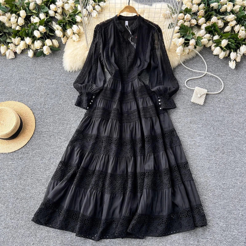 BXOXO Autumn Frence Elegant Embroidery Dress Women Chic Splice V Neck Long Sleeve Clothes New Aesthetic Evening Party Retro Dresses