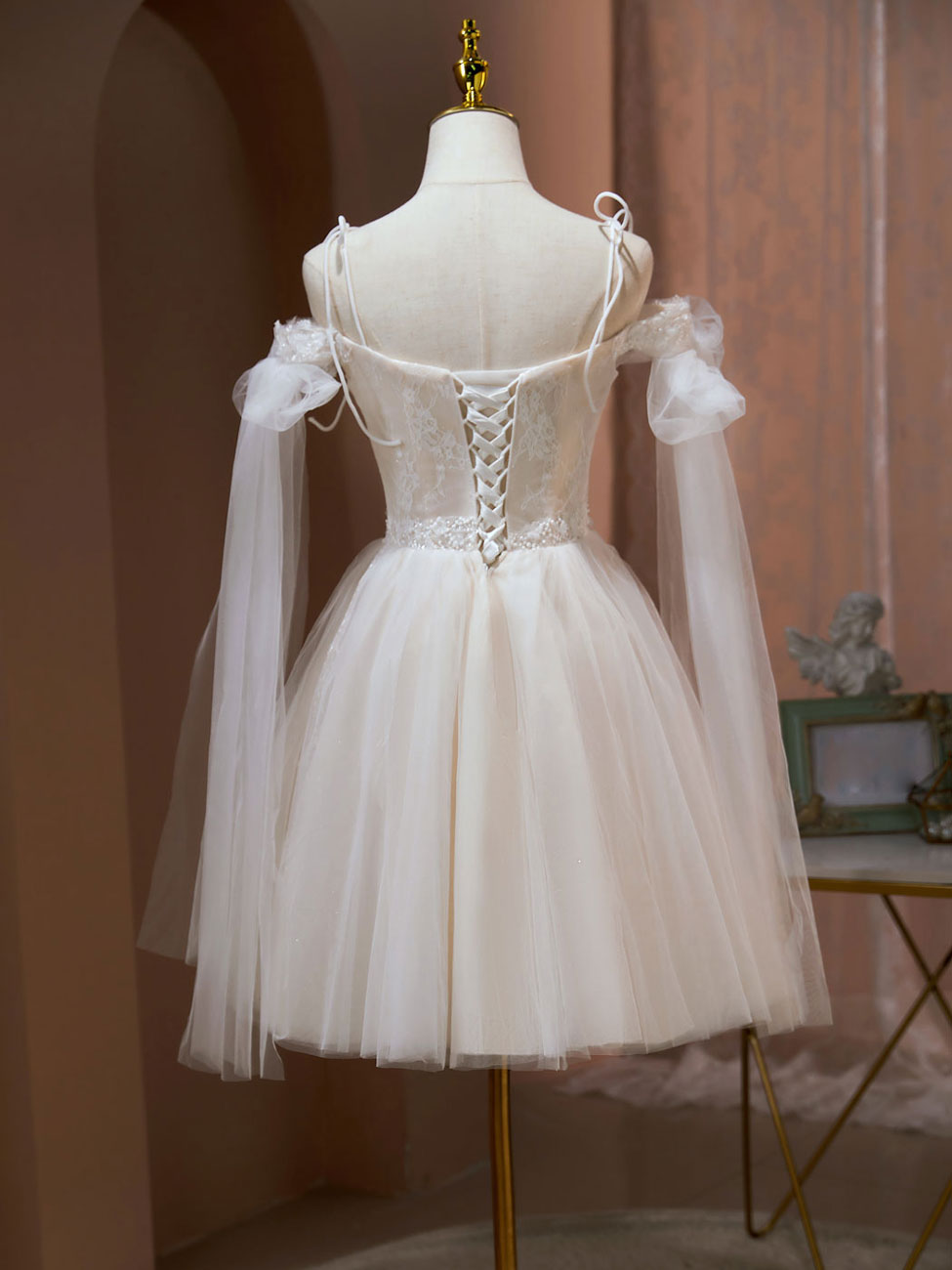 BXOXO A Line Tulle Short Champagne Prom Dresses, Off Shoulder Lace Puffy Homecoming Dresses