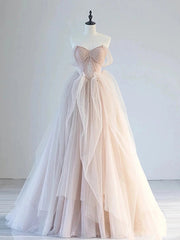 BXOXO A-Line Off Shoulder Tulle Lace Champagne Pink Long Prom Dress, Lace Long Formal Dress