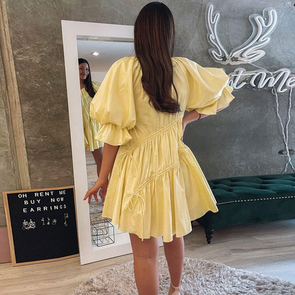 Cute Puff Sleeve Tied Ruffle Babydoll Mini Dress - Yellow