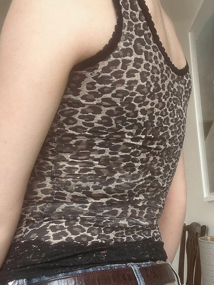 BXOXO - Leopard Print Lace Ruffle Trim Tank Top