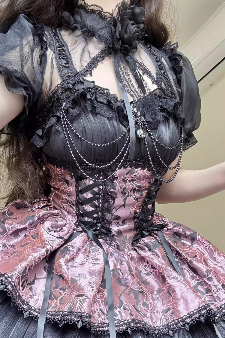 BXOXO - Black/Pink Ancient Dream of the Dark Night Print Ruffle Gothic Lolita Jsk Dress