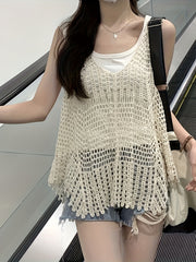 BXOXO 1pc Chic Hollow Knit V-Neck Vest Top - Summer Sleeveless Polyester Pullover with Slight Stretch, Casual Weekend Solid Color Crochet Style Tank