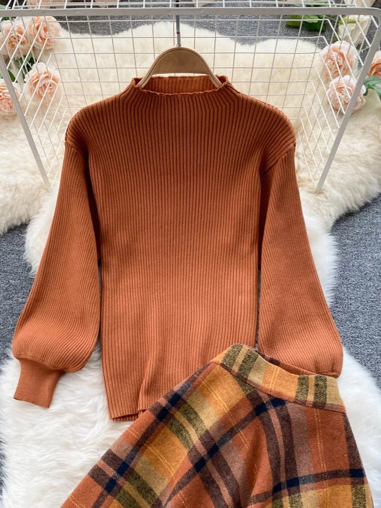 BXOXO Retro Casual Sweater 2 Piece Set Women Lantern Sleeve Sheath Knitt Top+Elastic Loose Long Skirt Female Autumn Elegant Suits 2025