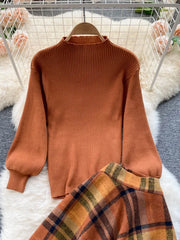 BXOXO Retro Casual Sweater 2 Piece Set Women Lantern Sleeve Sheath Knitt Top+Elastic Loose Long Skirt Female Autumn Elegant Suits 2025