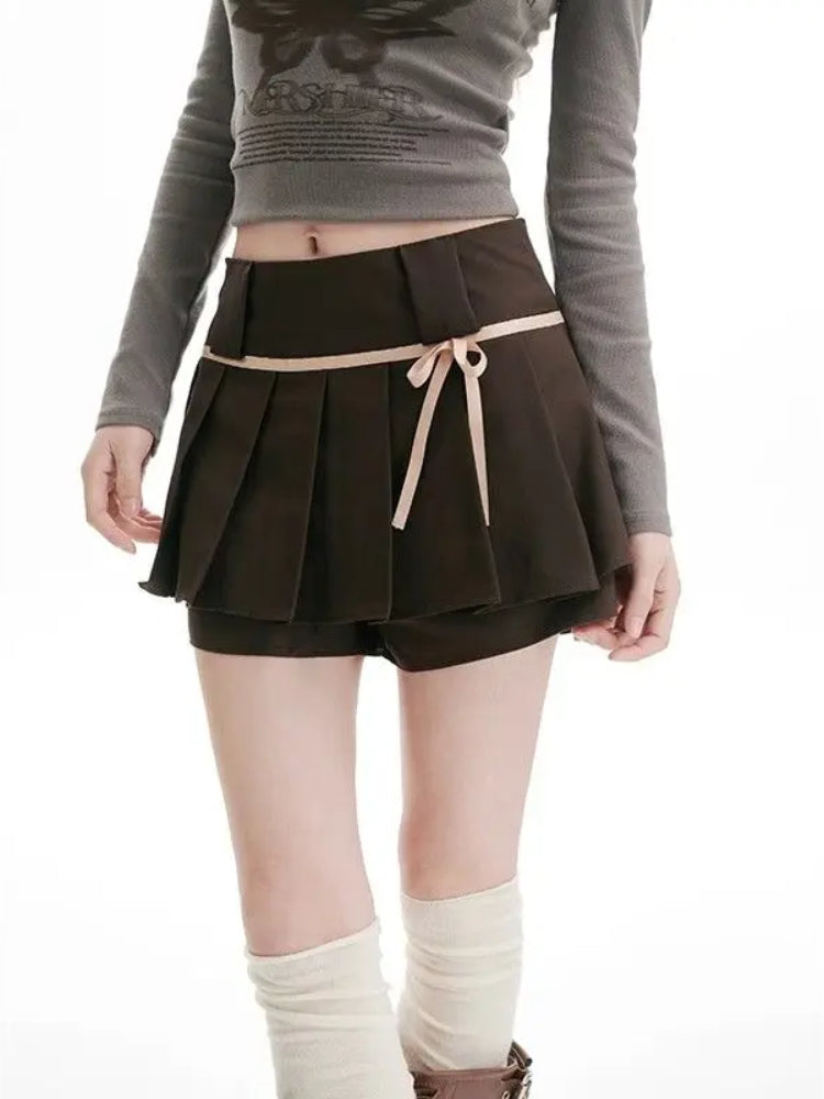 BXOXO Sweet Y2k Bow Pleated Skirts Women Coquette Brown Skirt Shorts Kawaii Vintage A-line Solid Mini Skirts Aesthetics Sexy